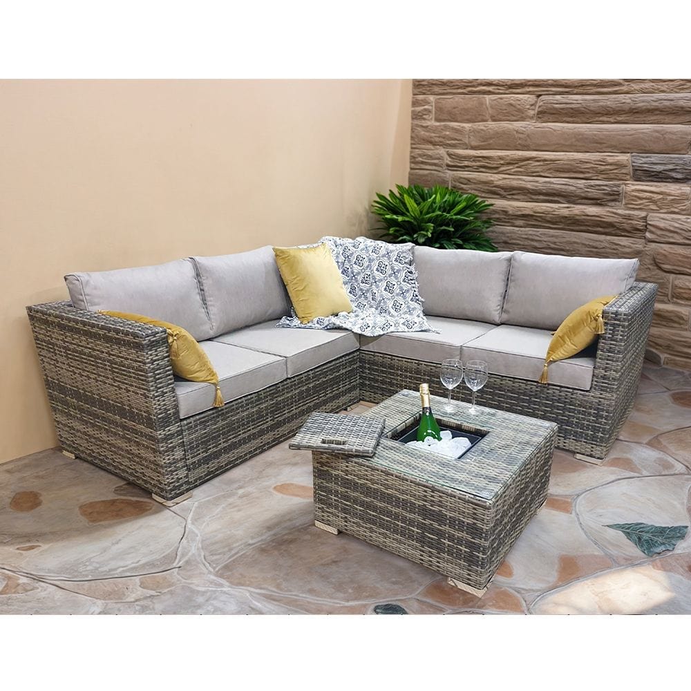 Vancouver Aluminum frame 5 Seater Rattan Garden Furniture Corner Sofa Set With Ice Bucket Coffee Table