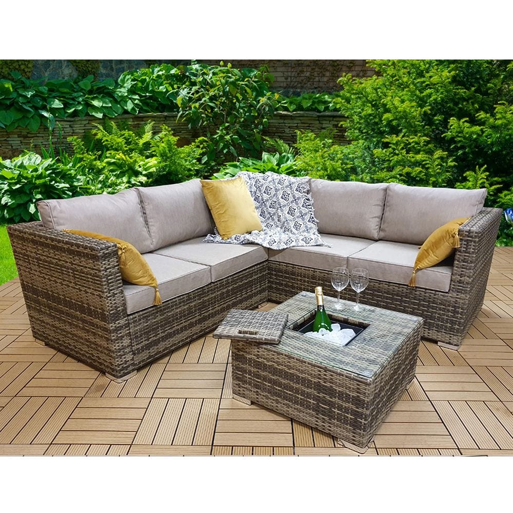 Vancouver Aluminum frame 5 Seater Rattan Garden Furniture Corner Sofa Set With Ice Bucket Coffee Table