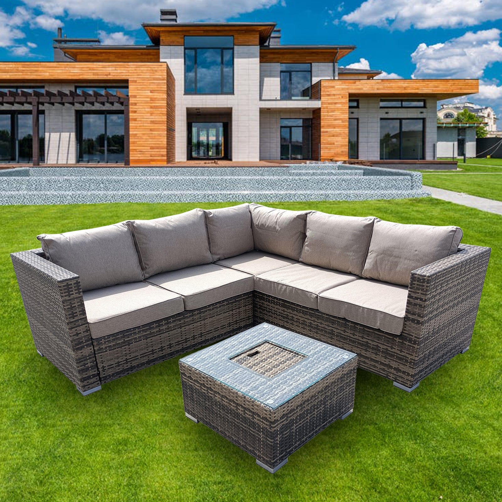 Vancouver Aluminum frame 5 Seater Rattan Garden Furniture Corner Sofa Set With Ice Bucket Coffee Table