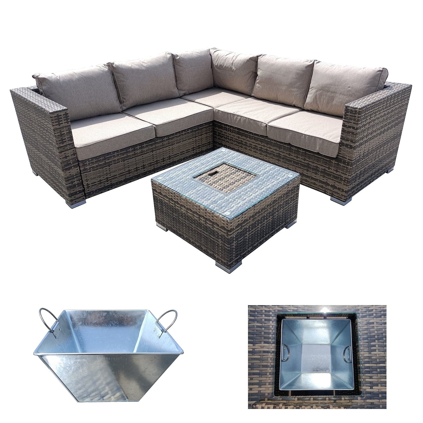 Vancouver Aluminum frame 5 Seater Rattan Garden Furniture Corner Sofa Set With Ice Bucket Coffee Table