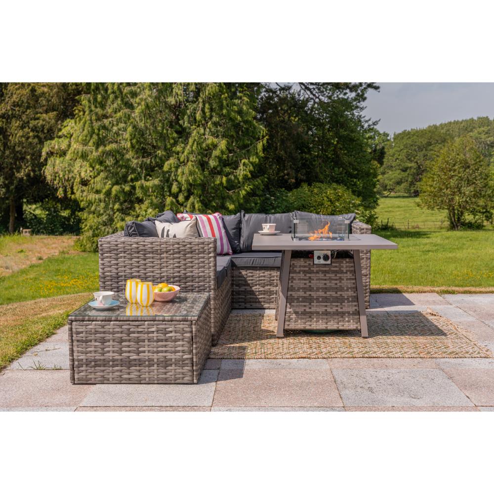 Vancouver 5-Seater Rattan Corner Sofa Set with Cubic Fire Pit Table and Rain cover