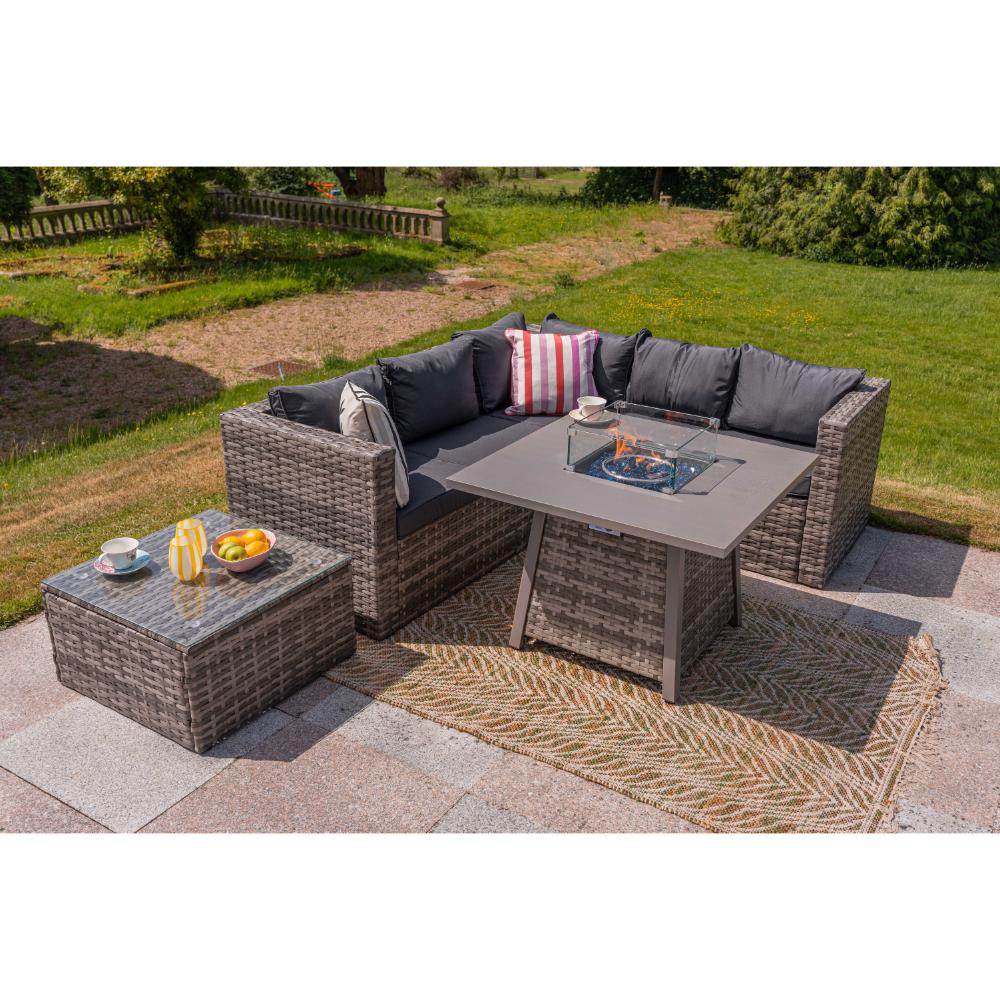 Vancouver 5-Seater Rattan Corner Sofa Set with Cubic Fire Pit Table and Rain cover