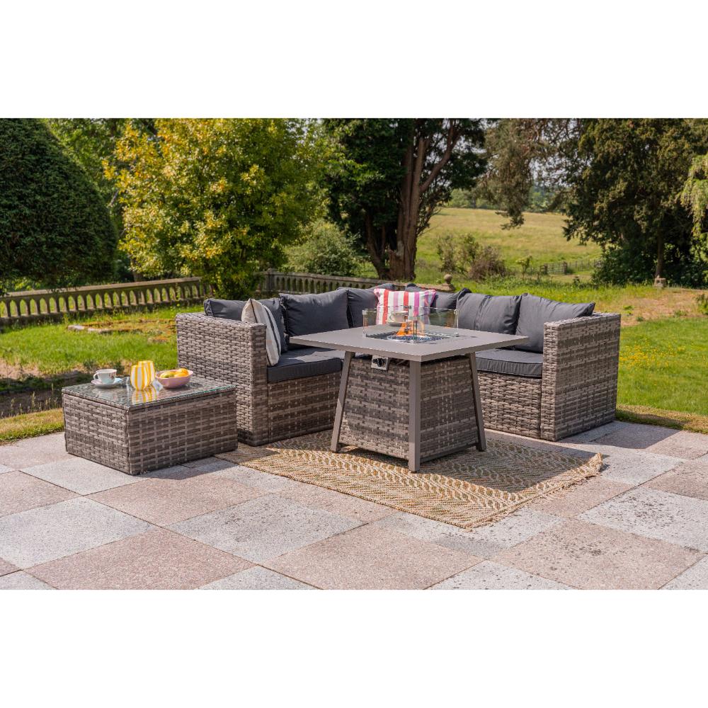 Vancouver 5-Seater Rattan Corner Sofa Set with Cubic Fire Pit Table and Rain cover