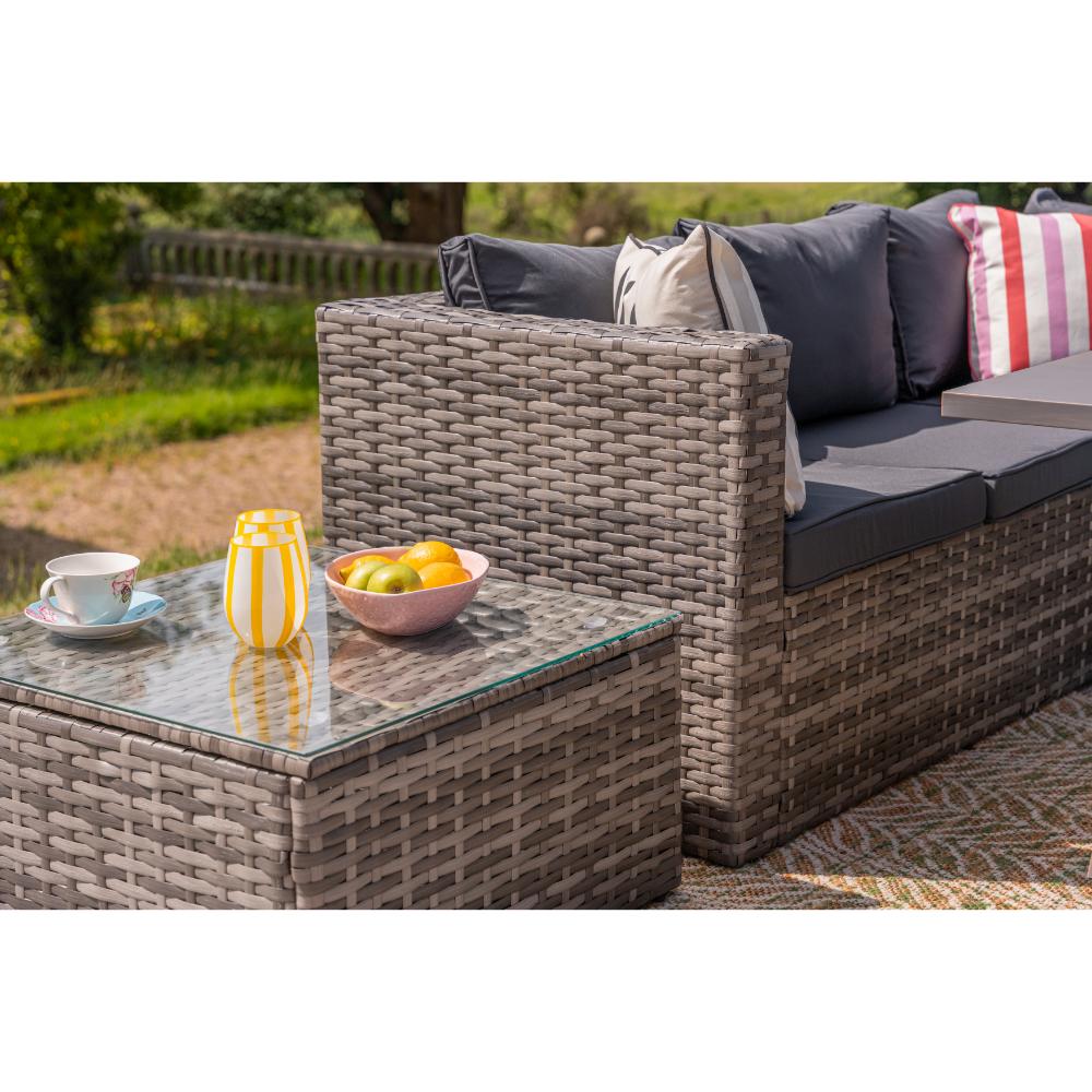 Vancouver 5-Seater Rattan Corner Sofa Set with Cubic Fire Pit Table and Rain cover