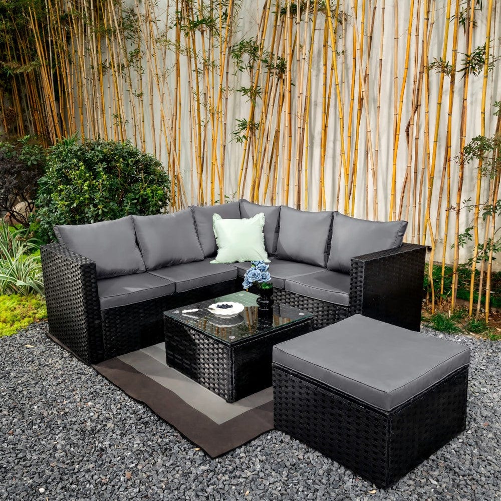 Vancouver 6 Seater Rattan Corner Sofa Patio Set Garden Sofa Set In Black