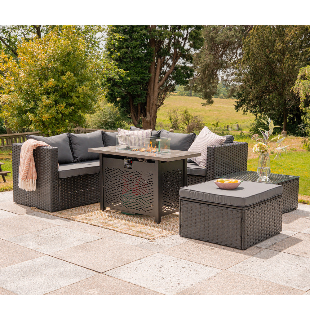 Vancouver 6‑Seater Aluminium Outdoor Sofa Set with Fire Pit Table