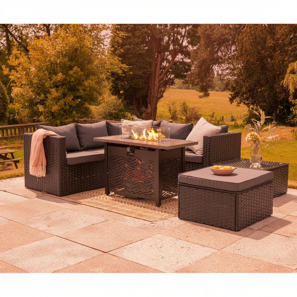 Vancouver 6‑Seater Aluminium Outdoor Sofa Set with Fire Pit Table