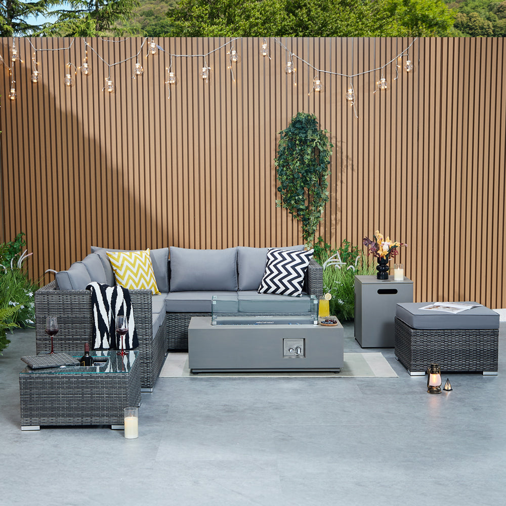 Vancouver Aluminium Frame 6 Seater Corner Sofa Set with Ice Bucket and Fire Pit Coffee Table