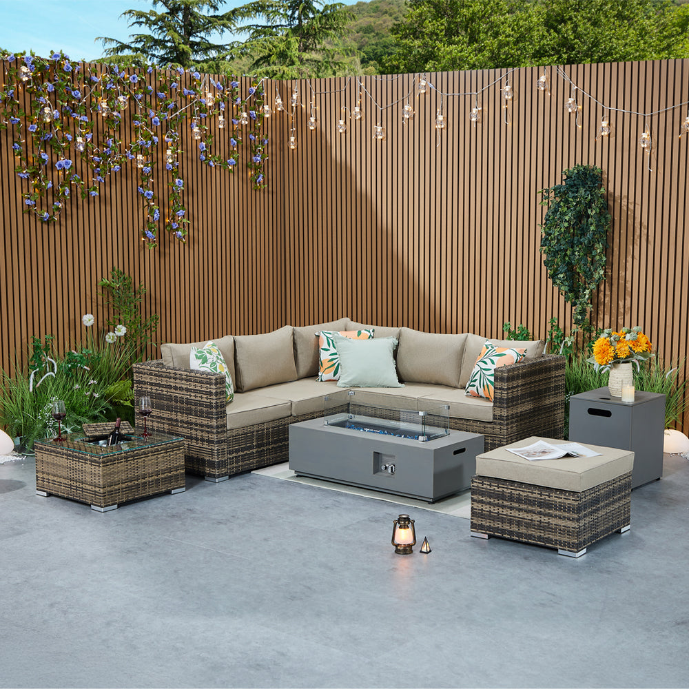 Vancouver Aluminium Frame 6 Seater Corner Sofa Set with Ice Bucket and Fire Pit Coffee Table