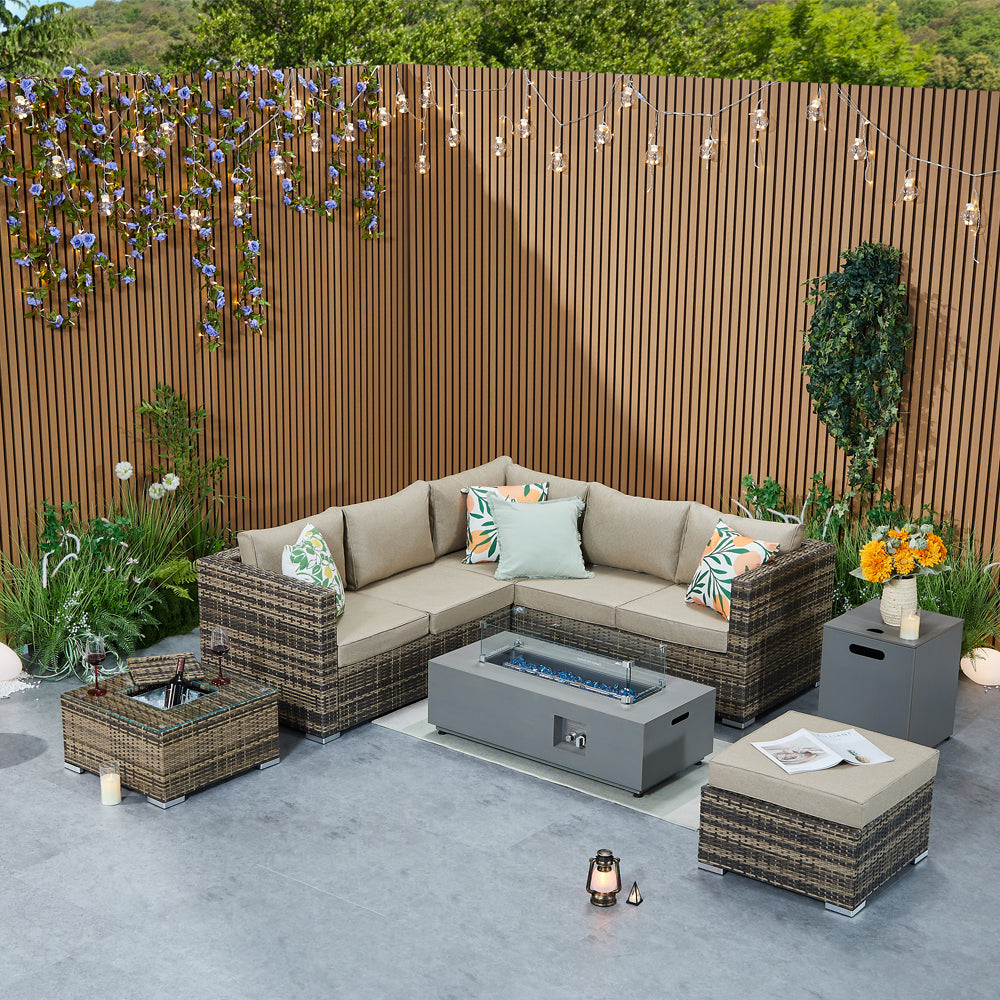 Vancouver Aluminium Frame 6 Seater Corner Sofa Set with Ice Bucket and Fire Pit Coffee Table