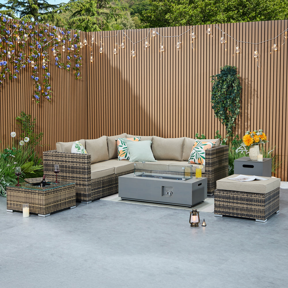 Vancouver Aluminium Frame 6 Seater Corner Sofa Set with Ice Bucket and Fire Pit Coffee Table