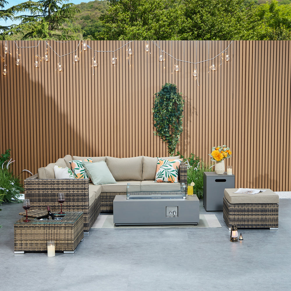 Vancouver Aluminium Frame 6 Seater Corner Sofa Set with Ice Bucket and Fire Pit Coffee Table