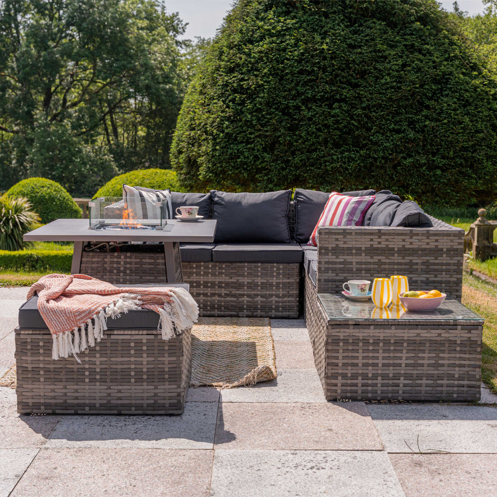 Vancouver 6 Seater Rattan Corner Sofa Set with Cubic Fire Pit Table and Rain cover