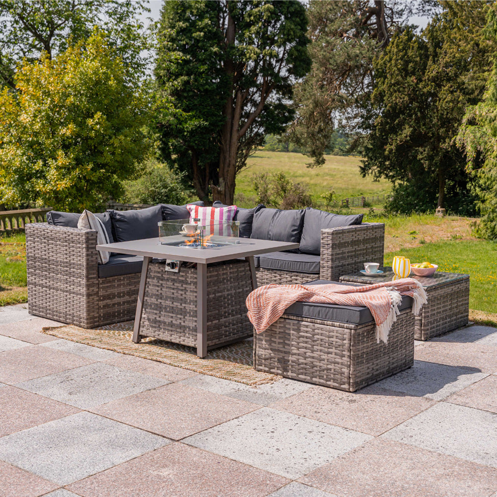 Vancouver 6 Seater Rattan Corner Sofa Set with Cubic Fire Pit Table and Rain cover