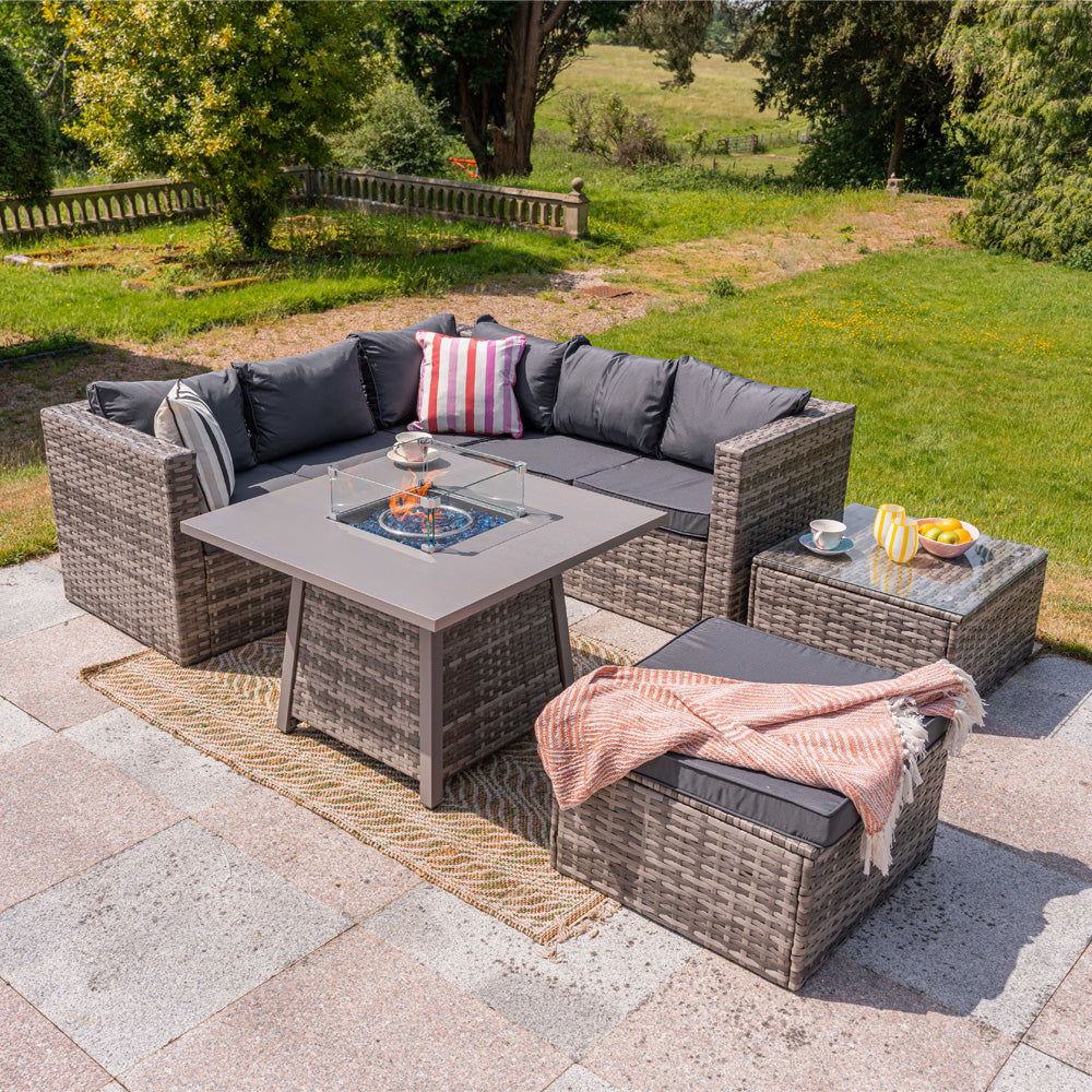 Vancouver 6 Seater Rattan Corner Sofa Set with Cubic Fire Pit Table and Rain cover