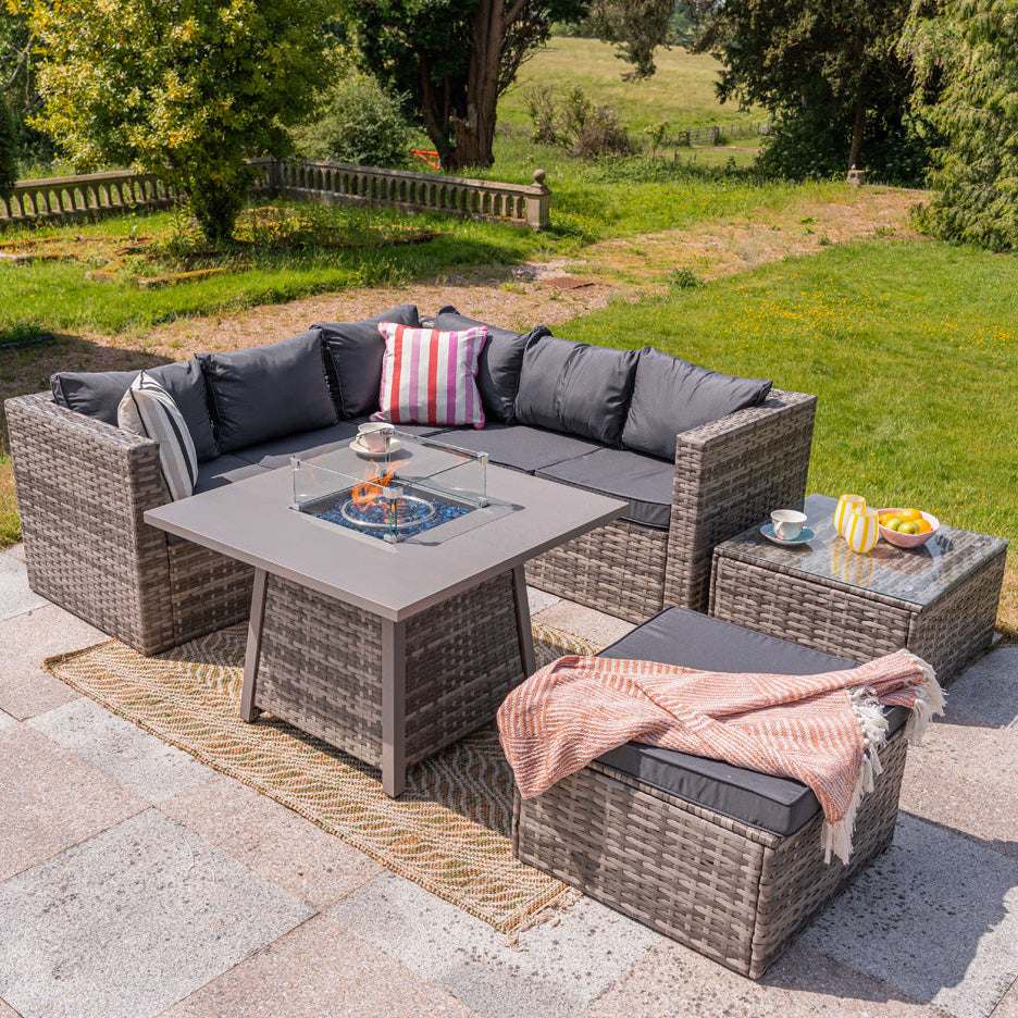 Vancouver 6 Seater Rattan Corner Sofa Set with Cubic Fire Pit Table and Rain cover