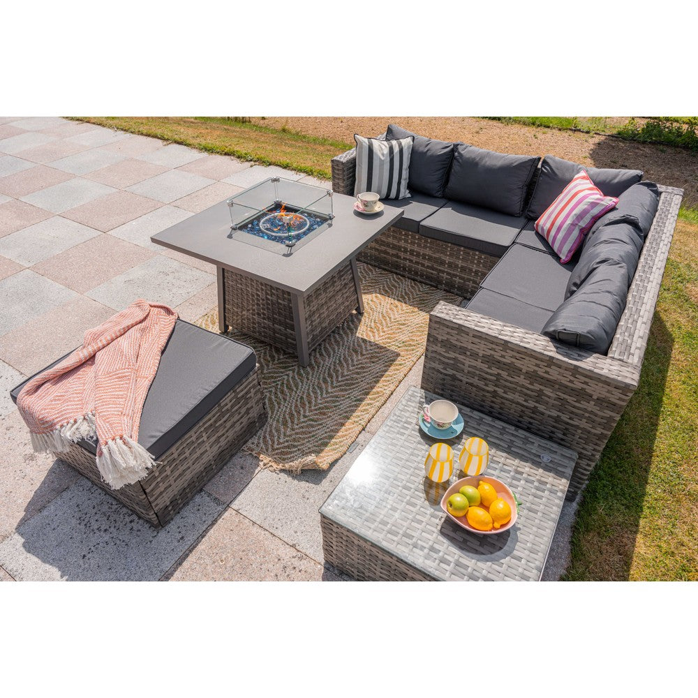 Vancouver 6 Seater Rattan Corner Sofa Set with Cubic Fire Pit Table and Rain cover