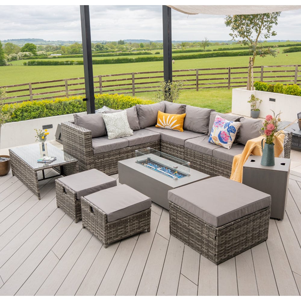Vancouver Seater Corner Rattan Garden Set In Grey with fire pit opti