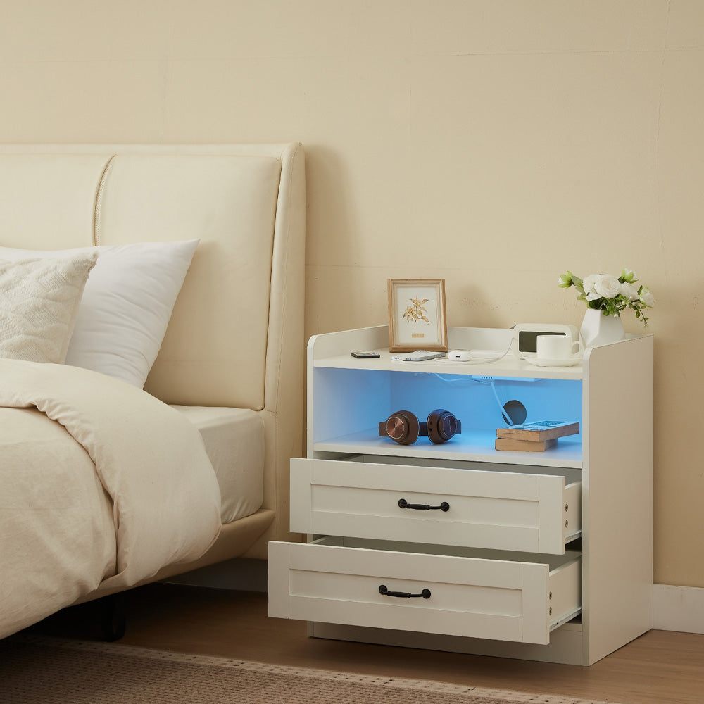 Night Stand Storage Cabinet Bedside Table with Led Lights and Sockets