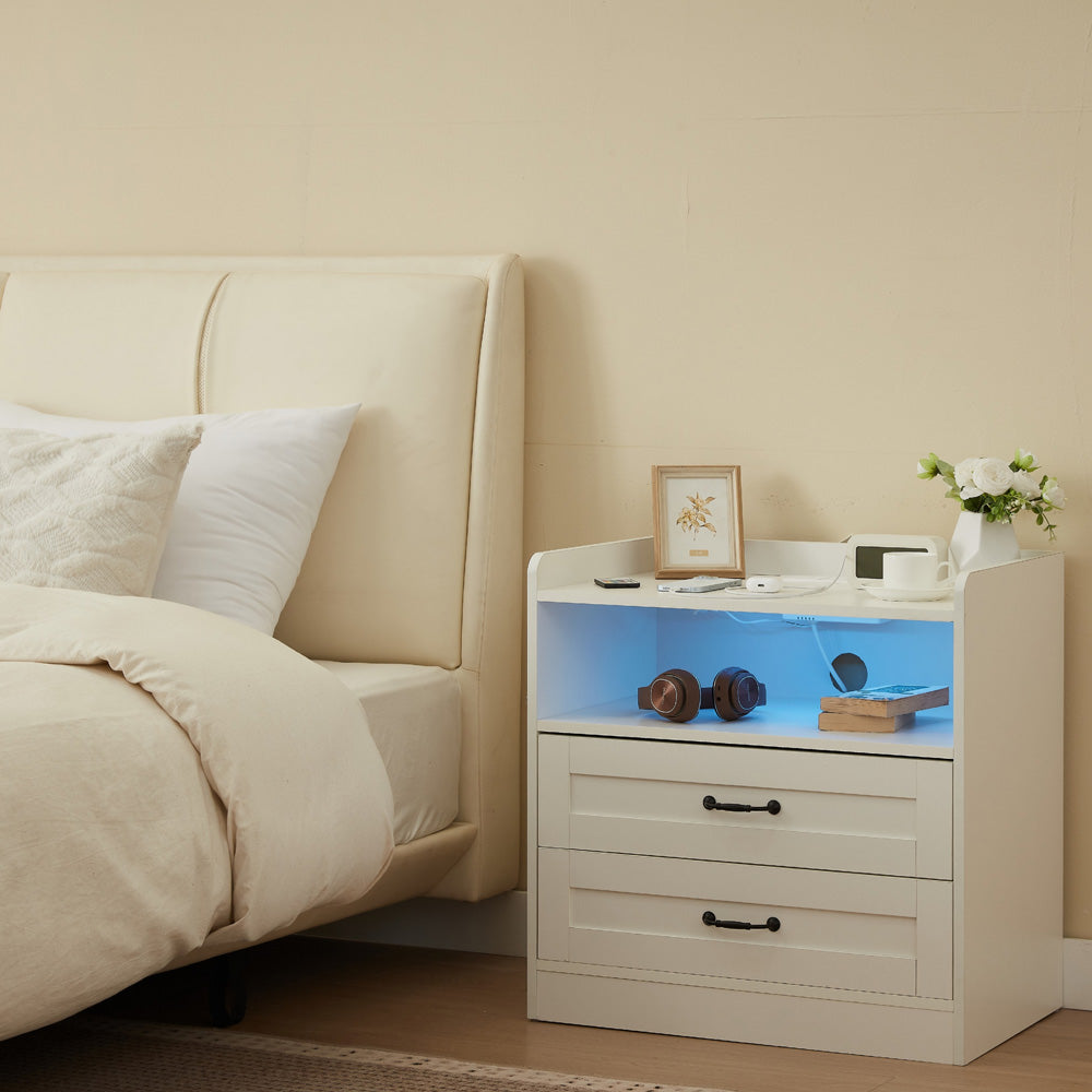 Night Stand Storage Cabinet Bedside Table with Led Lights and Sockets