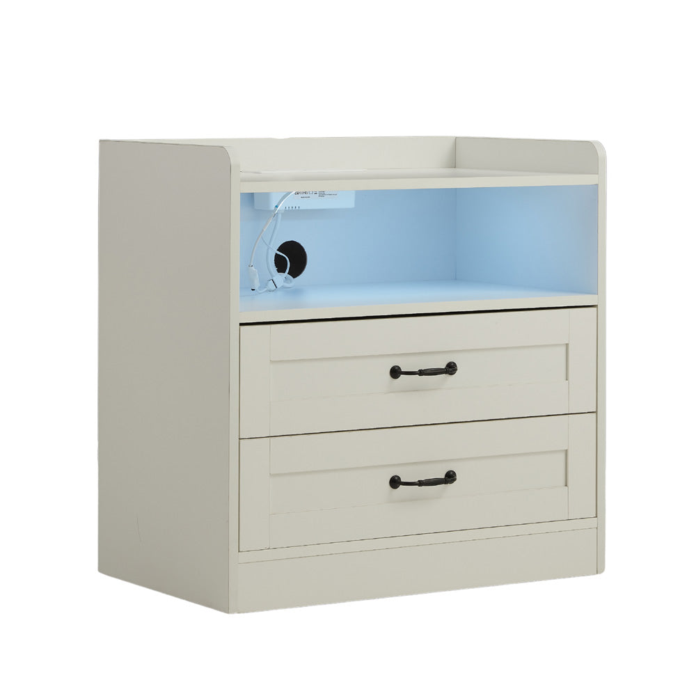 Night Stand Storage Cabinet Bedside Table with Led Lights and Sockets