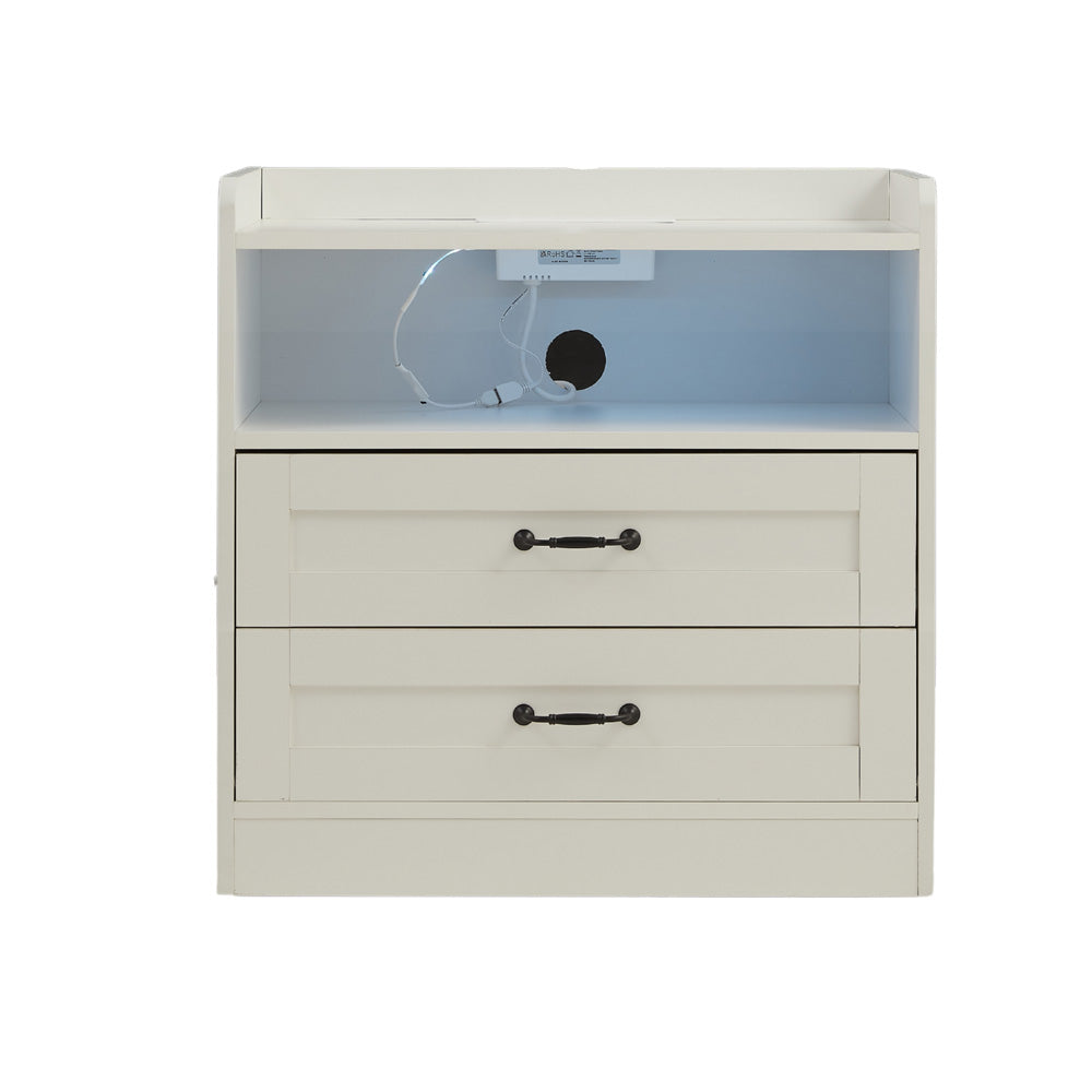 Night Stand Storage Cabinet Bedside Table with Led Lights and Sockets