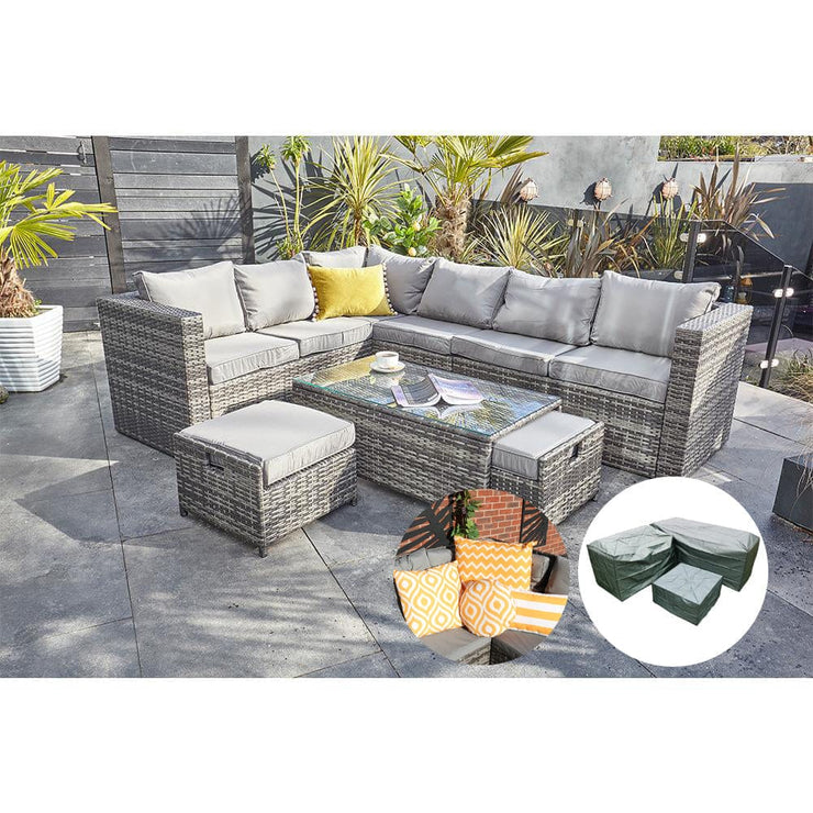 Vancouver 9 Seater Corner Rattan Garden Set In Grey