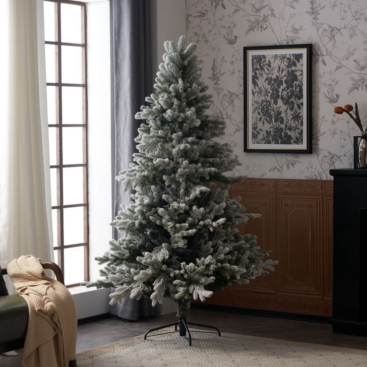 Pre-Lit Snowy Flocked Artificial Christmas Tree With Quick Pole And Skirt Option