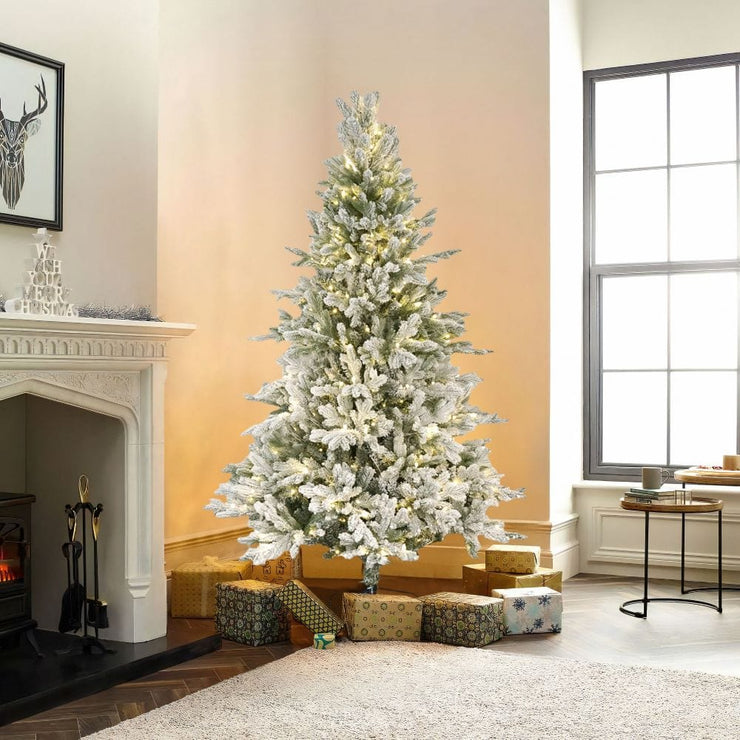 Pre-Lit Snowy Flocked Artificial Christmas Tree With Quick Pole And Skirt Option