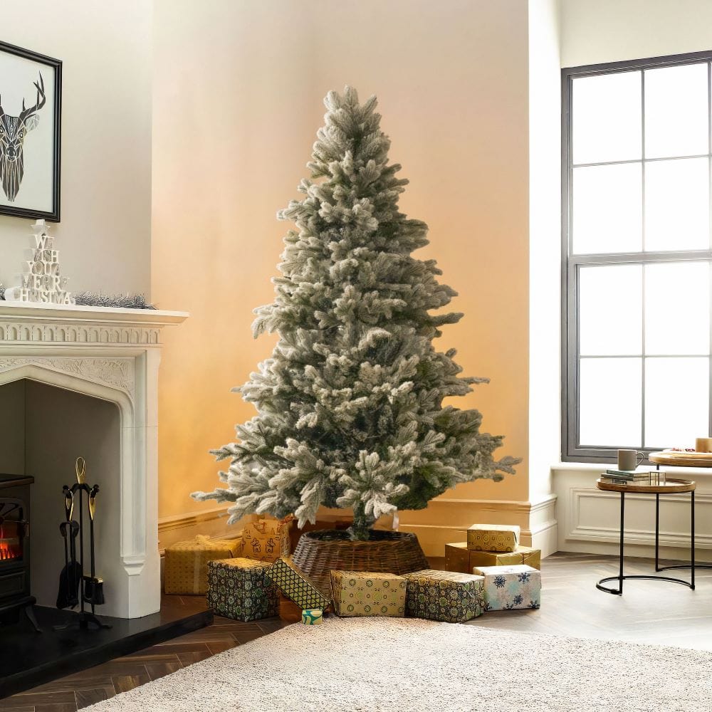 Xmas Tree Pre-Lit Snowy Flocked Artificial Christmas Tree With Quick Pole And Sk