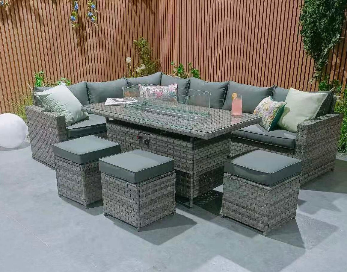 Barcelona Rattan Garden Furniture 9 Seater Corner Sofa Set With Fire Pit Dining Table In Grey