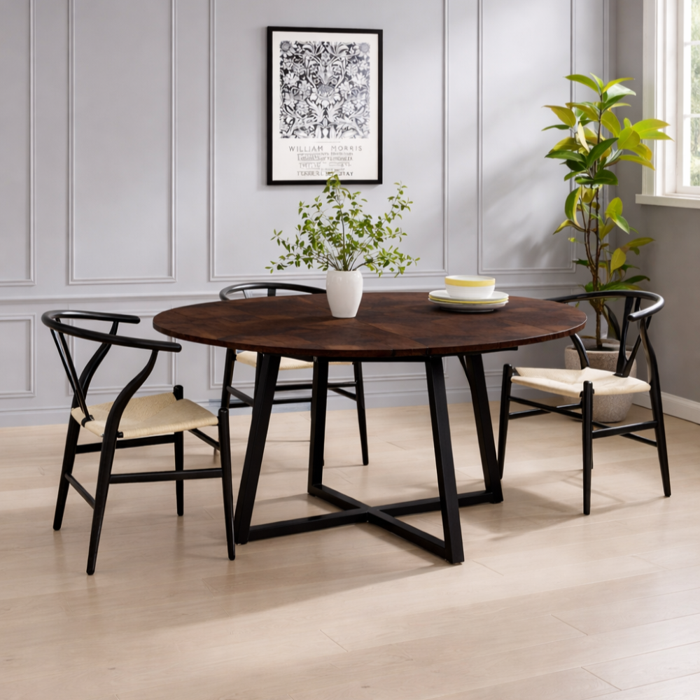 Belluno Industrial Style 160cm Round Extending Dining Table With 2/4 Dining Chairs