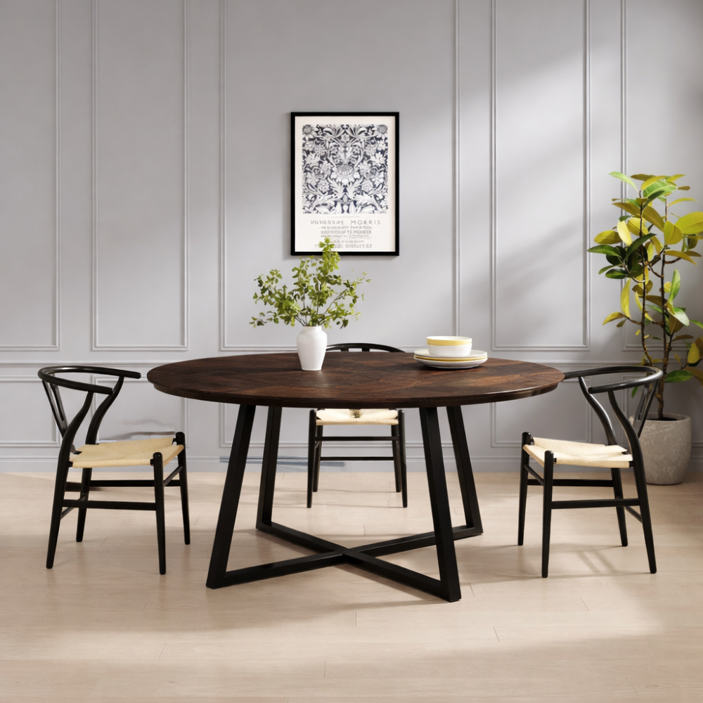 Belluno Industrial Style 160cm Round Extending Dining Table With 2/4 Dining Chairs