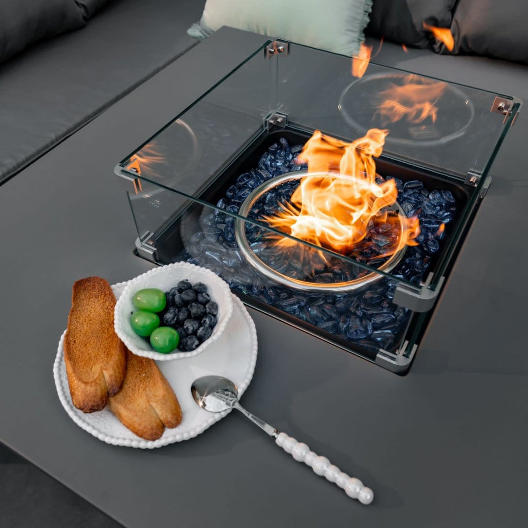 Rosen 9 Seater Fire Pit Rattan Garden Furniture Corner Sofa Cube Set With 2 Benches In Grey