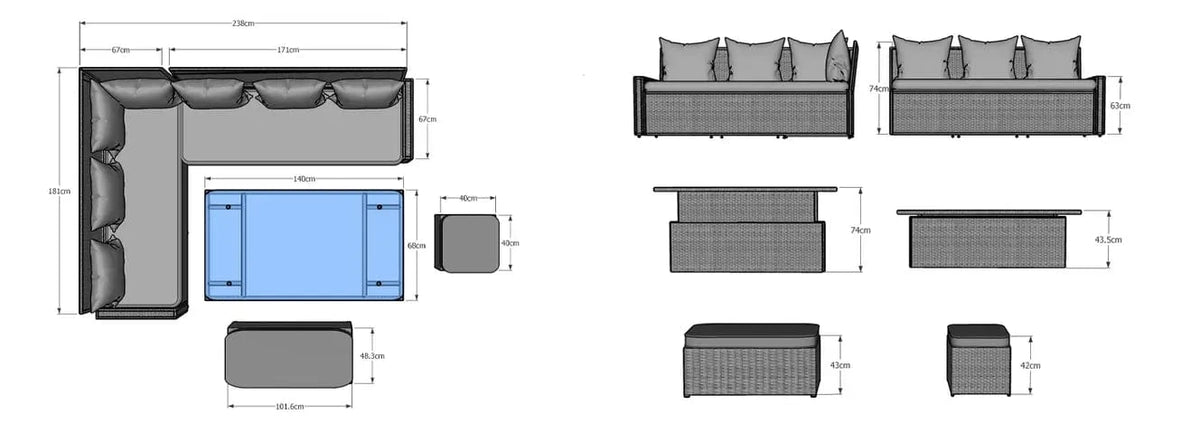 Rosen Rattan Garden Furniture 9 Seater Corner Sofa Rising Table & Storage Bench Sets in Grey