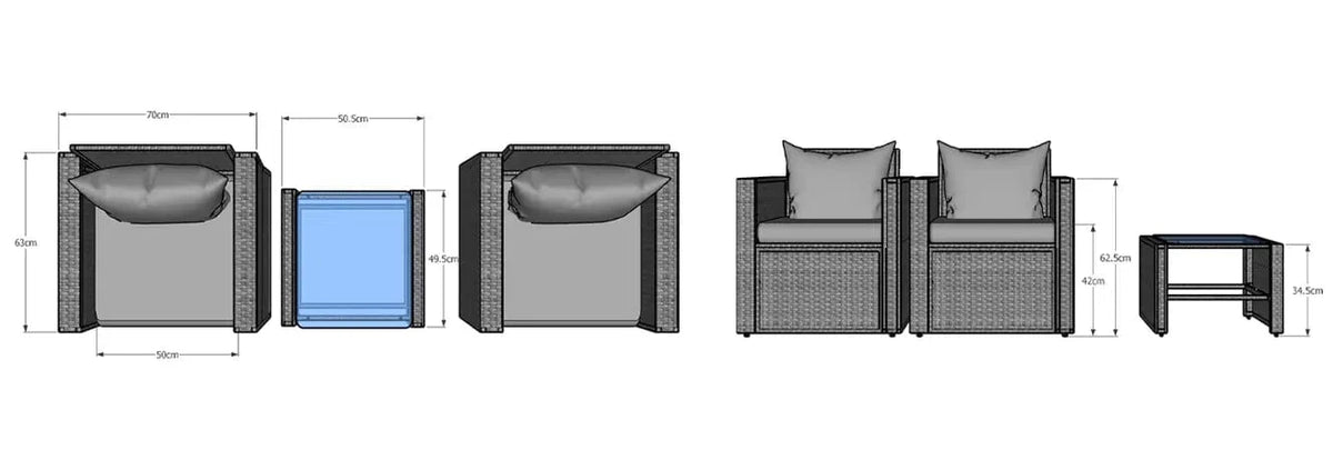 Rosen 2 Seater Rattan Bistro Furniture Set In Grey