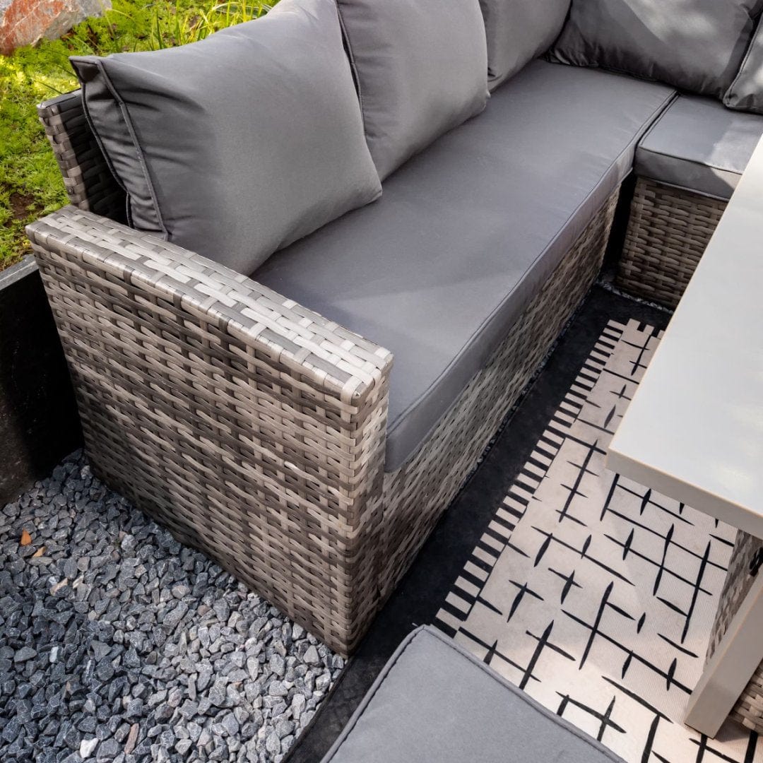 Rosen Rattan Garden Furniture 9 Seater Corner Sofa Rising Table Set With 2 Benches In Grey