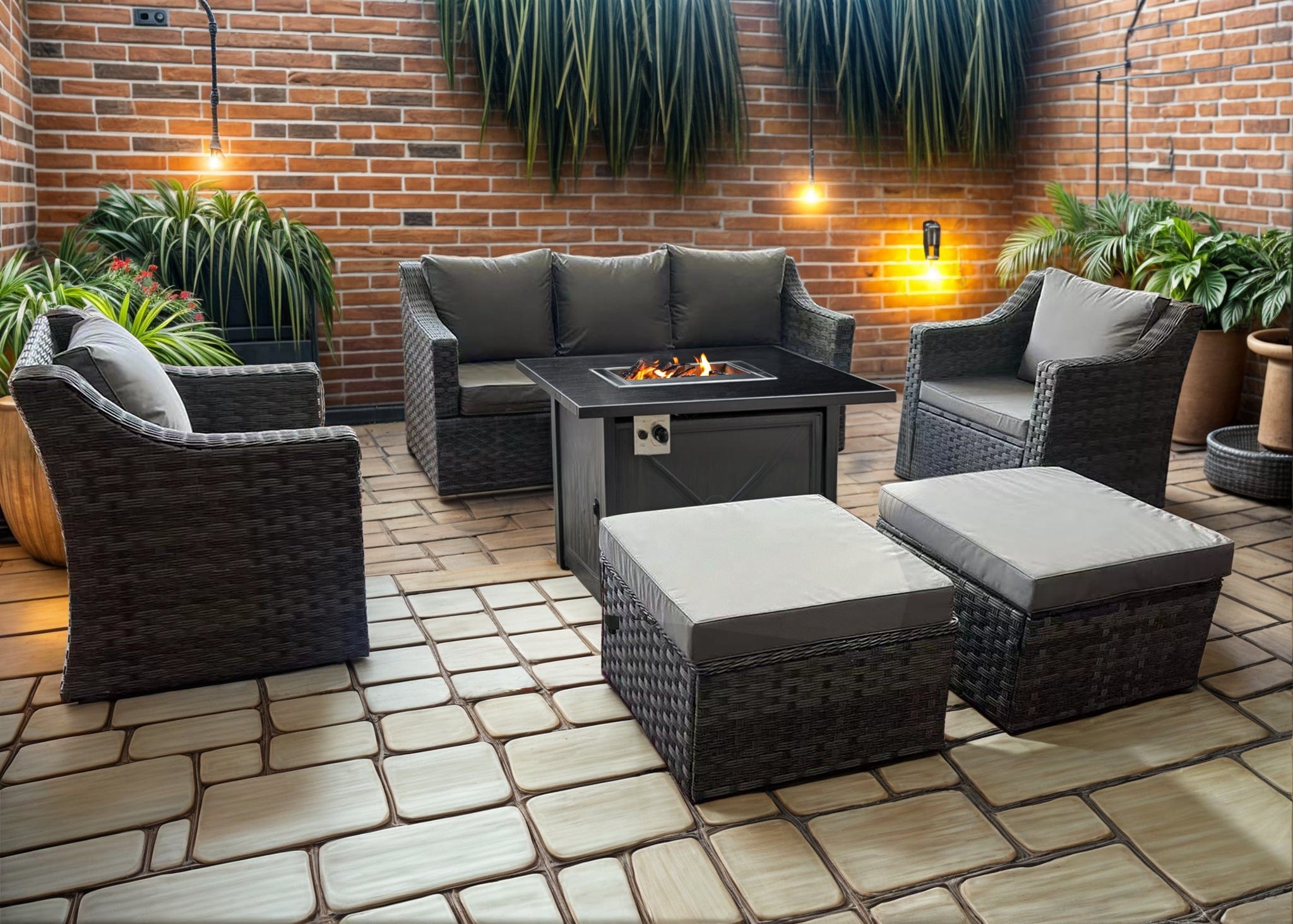 Rosen 7 Seater Grey Rattan Garden Sofa Set With Swivel Chair And Fire Pit  Coffee Table Option