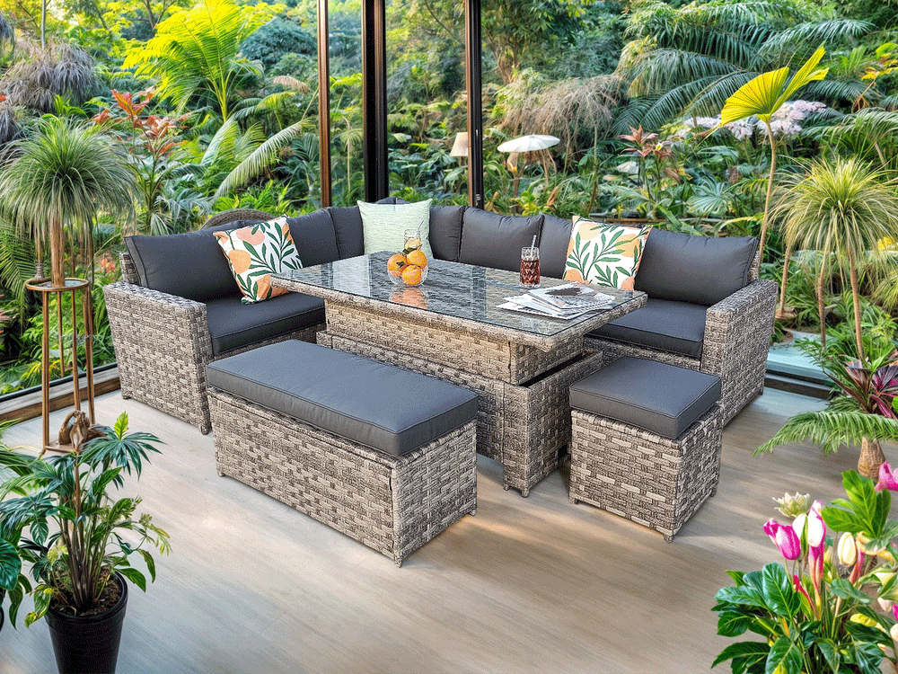 Monaco 9 Seater Rattan Garden Corner Sofa Dining Set with Rising Table