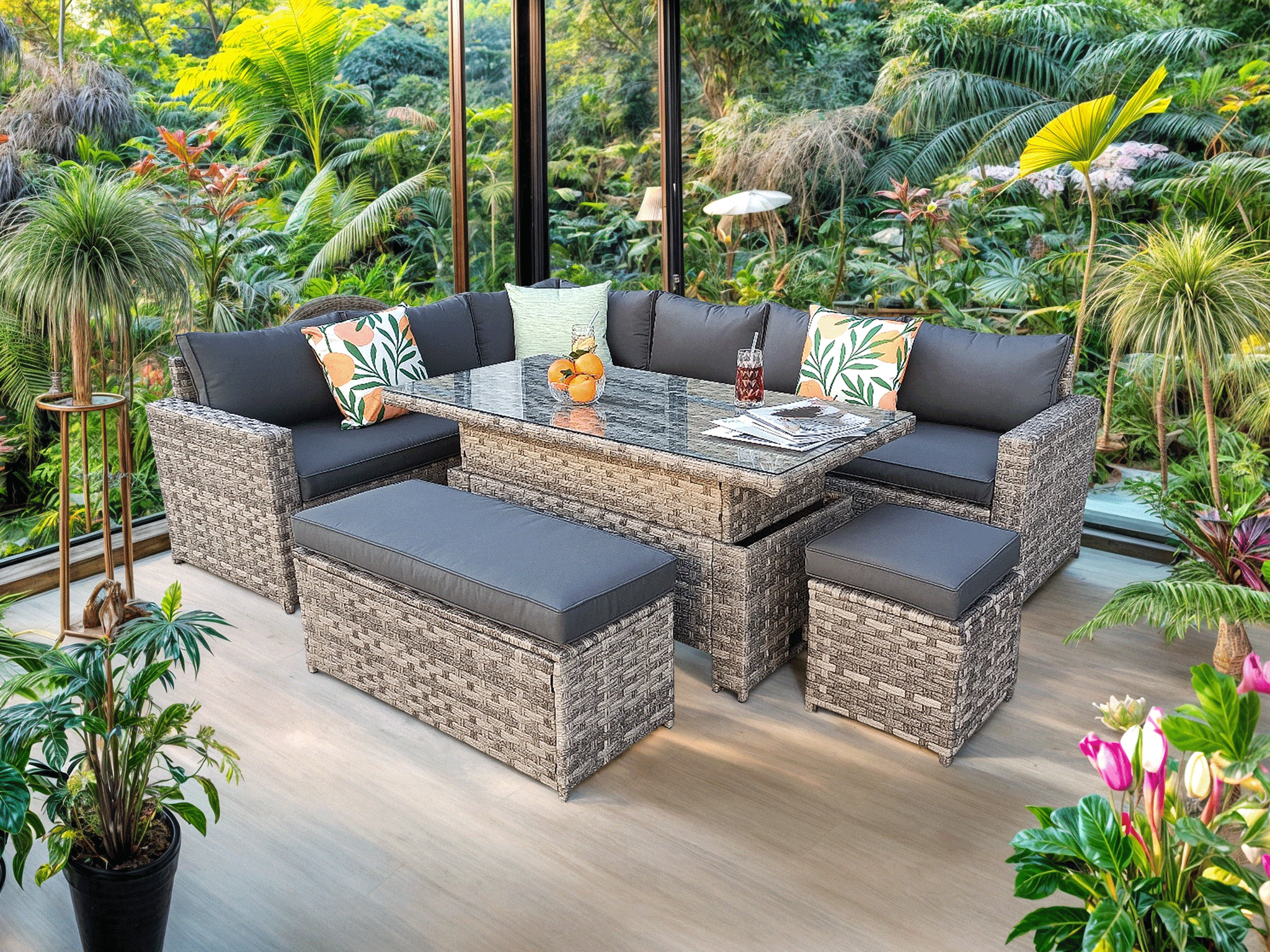 Monaco 9 Seater Rattan Garden Corner Sofa Dining Set with Rising Table