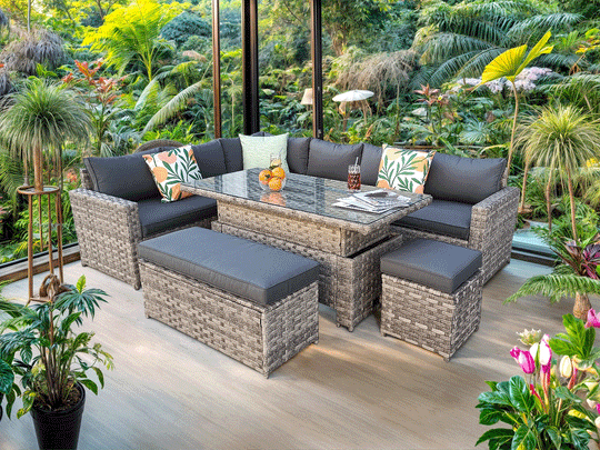 Barcelona 9 Seater Rattan Garden Dining Set with Rising Table In Grey