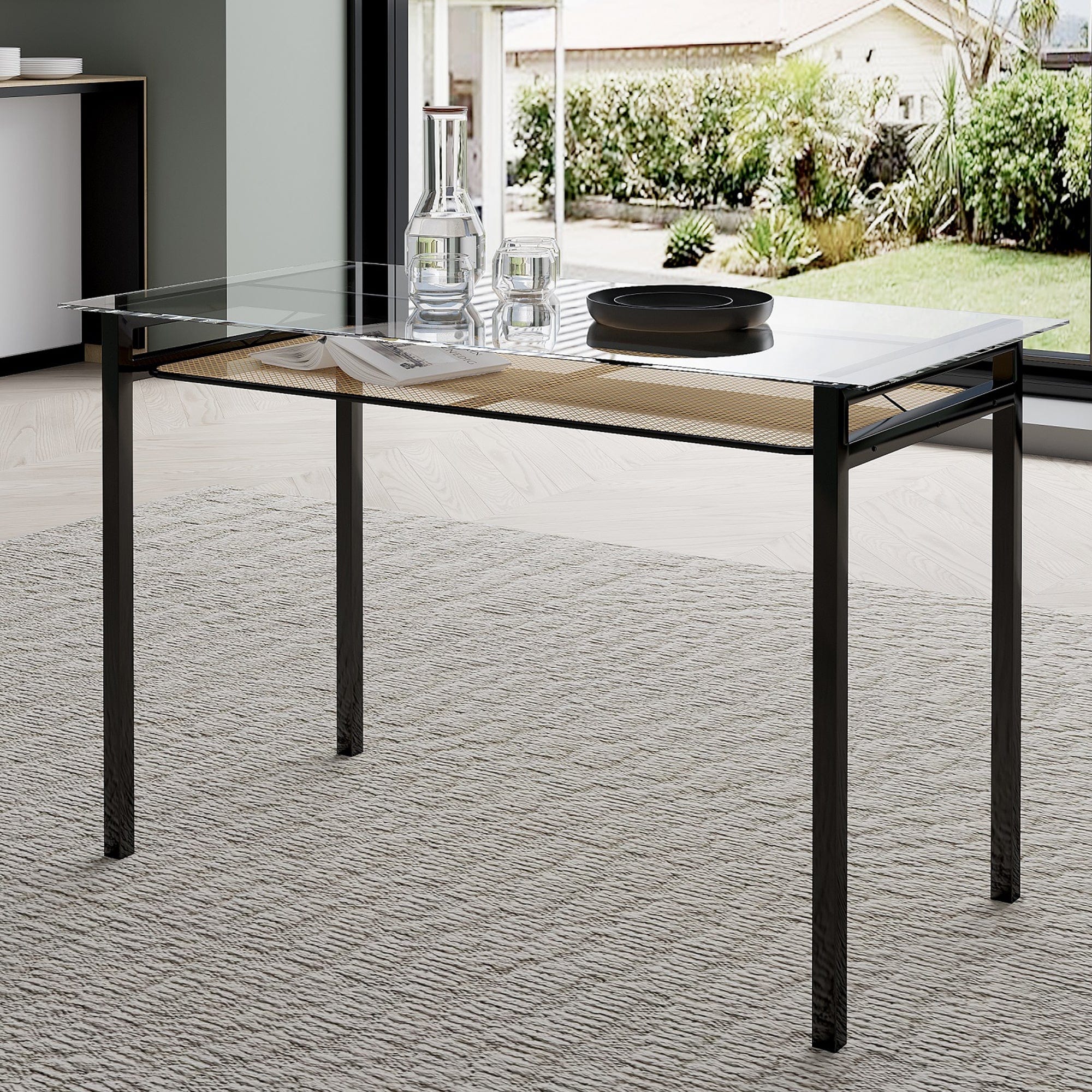 Boho 120CM Glass Top Rattan Dining Table Set With Chairs And Bench