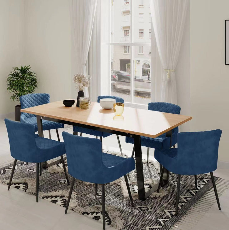 Belluno Light Oak Colour Extending Dining Table Set with 6 Velvet Chairs