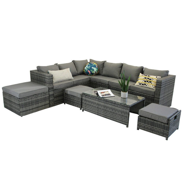 Vancouver 9 Seater Corner Rattan Garden Set In Grey