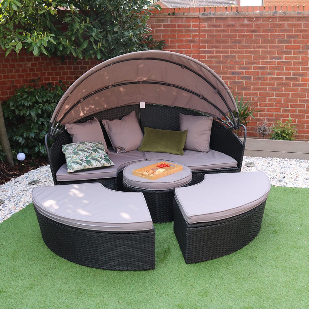 Camrose Rattan Garden Furniture Day Bed With Lift Up Table in Black