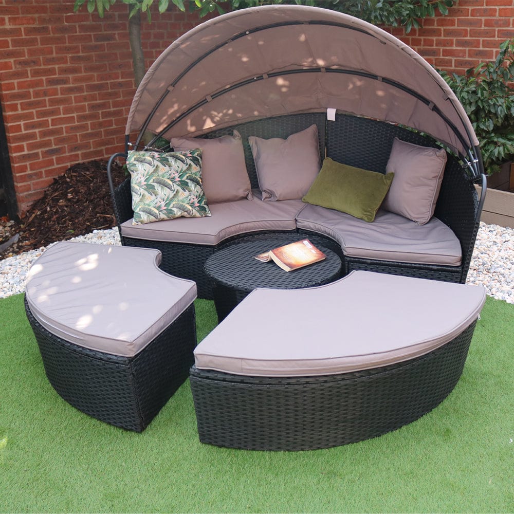 Camrose Rattan Garden Furniture Day Bed With Lift Up Table in Black