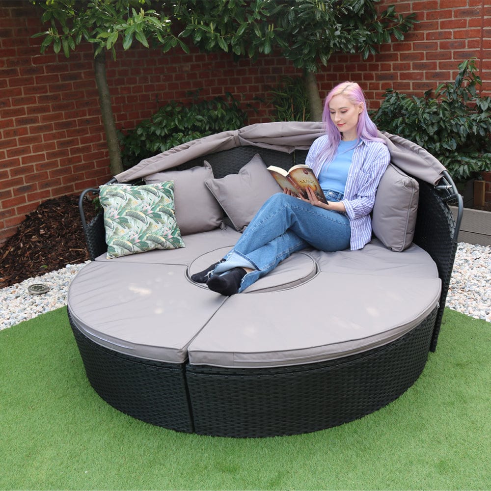 Camrose Rattan Garden Furniture Day Bed With Lift Up Table in Black