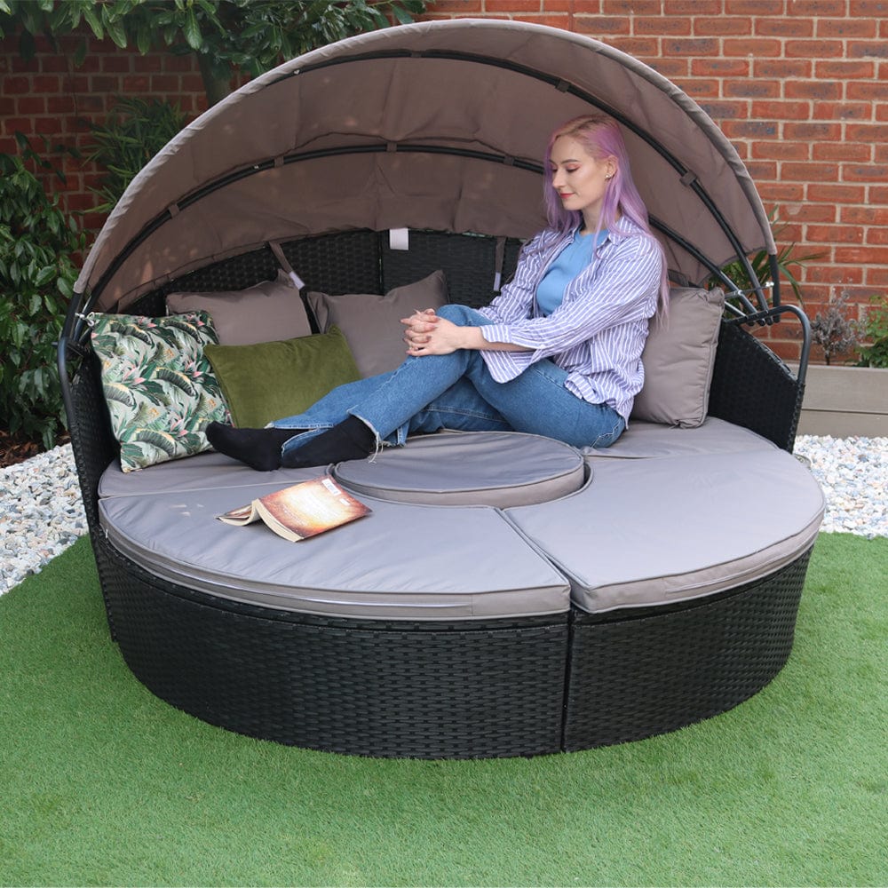 Camrose Rattan Garden Furniture Day Bed With Lift Up Table in Black