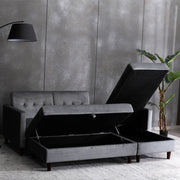 Destin Reversible Grey Velvet Corner Sofa With Storage Chaise and Ottoman Bench
