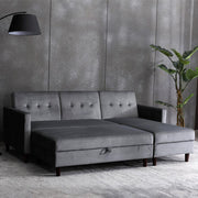 Destin Reversible Grey Velvet Corner Sofa With Storage Chaise and Ottoman Bench